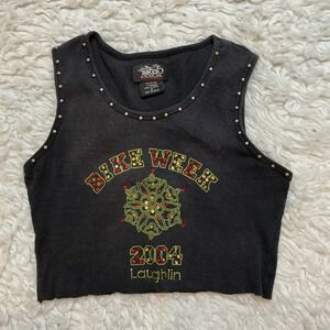 Biker Design Tank Top Womens Small Black Excellent 2004 Laughlin Bike Week Crop